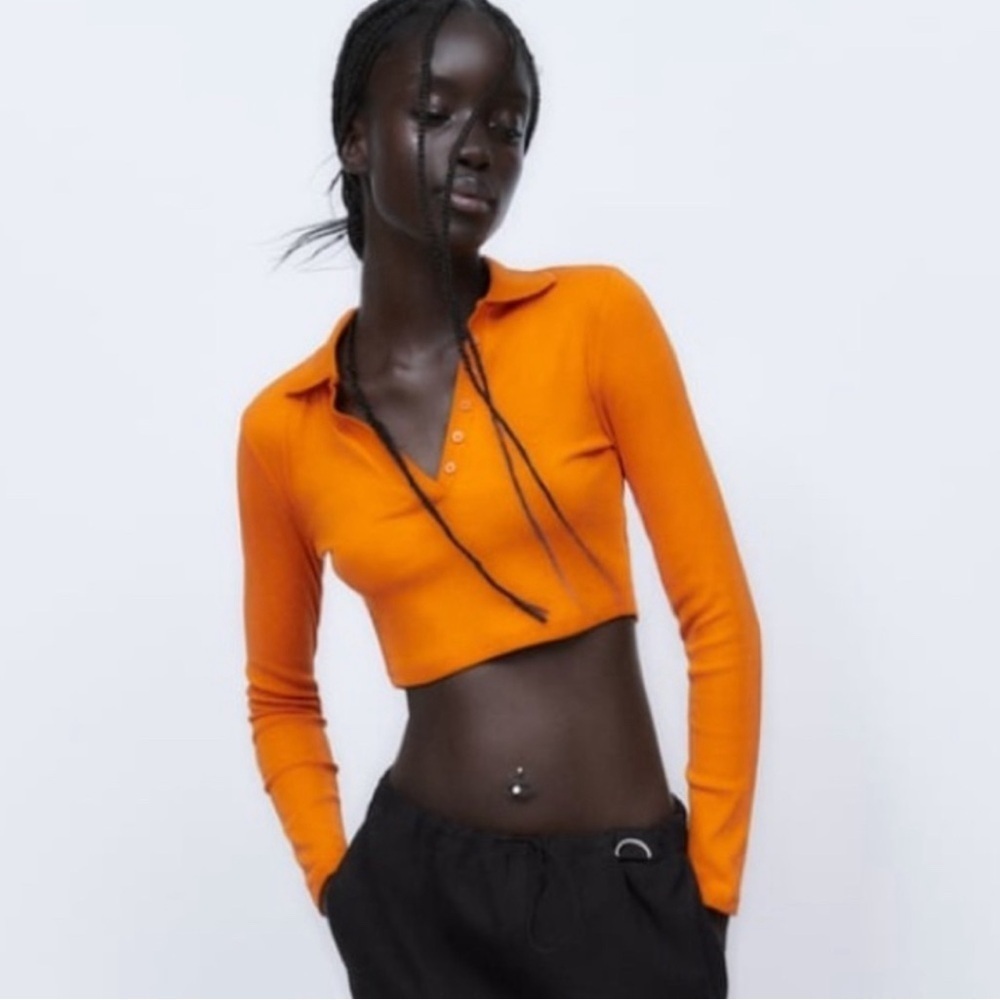 New! Zara Ribbed Long Sleeve Cropped Polo Shirt